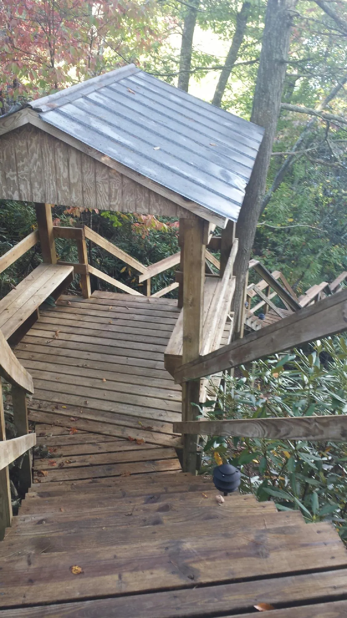 Metal roofed shelter over wooden steps on a wooded walkway — Skylight Repair & Installation work by our crew in New Haven